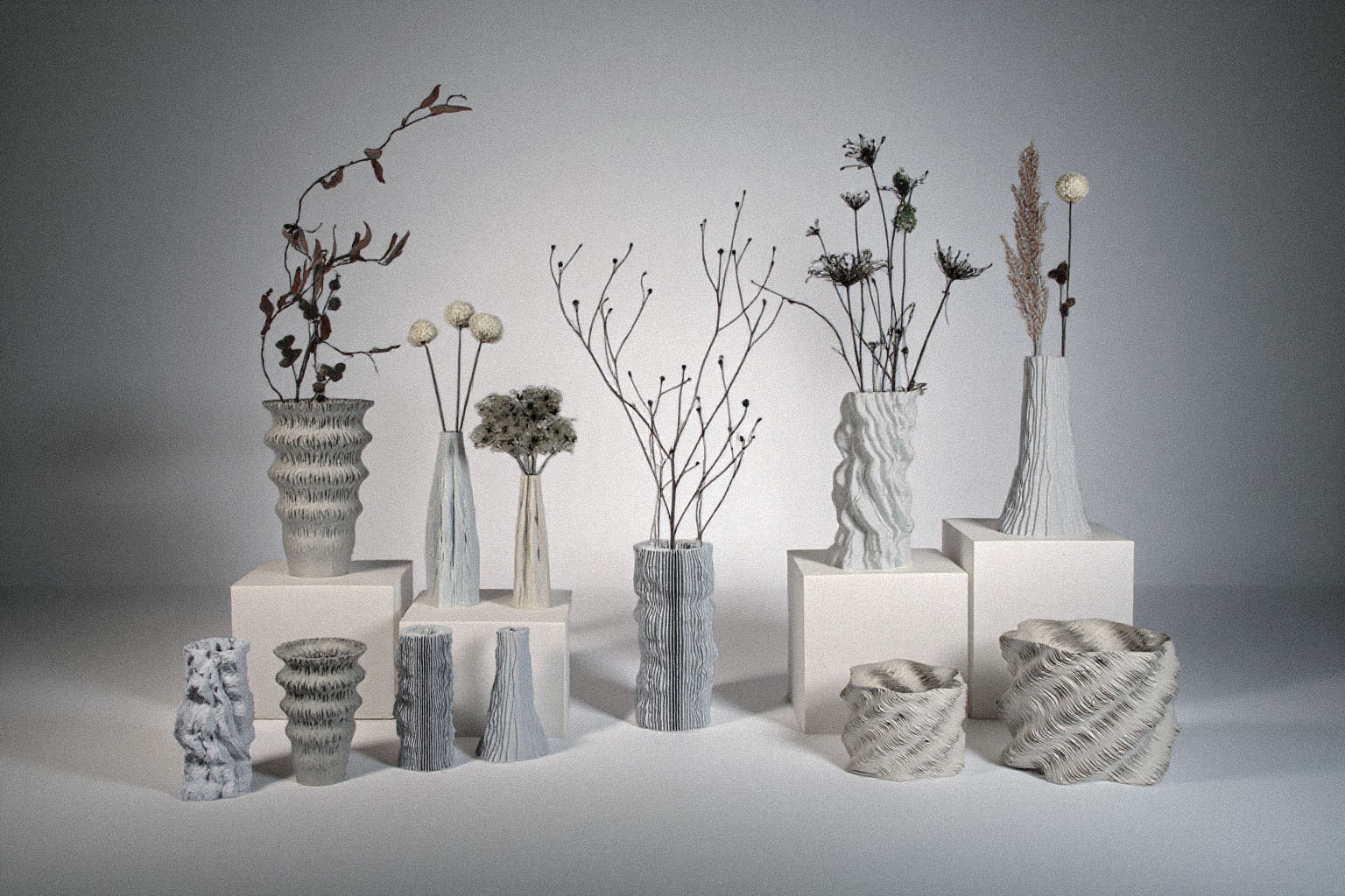 the entire vases collection with a soft and white textile background