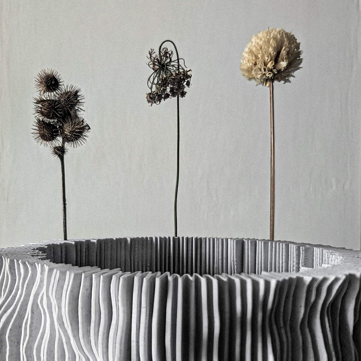 detailed view of PROFILUM Lamp showing how folds hold botanical stems